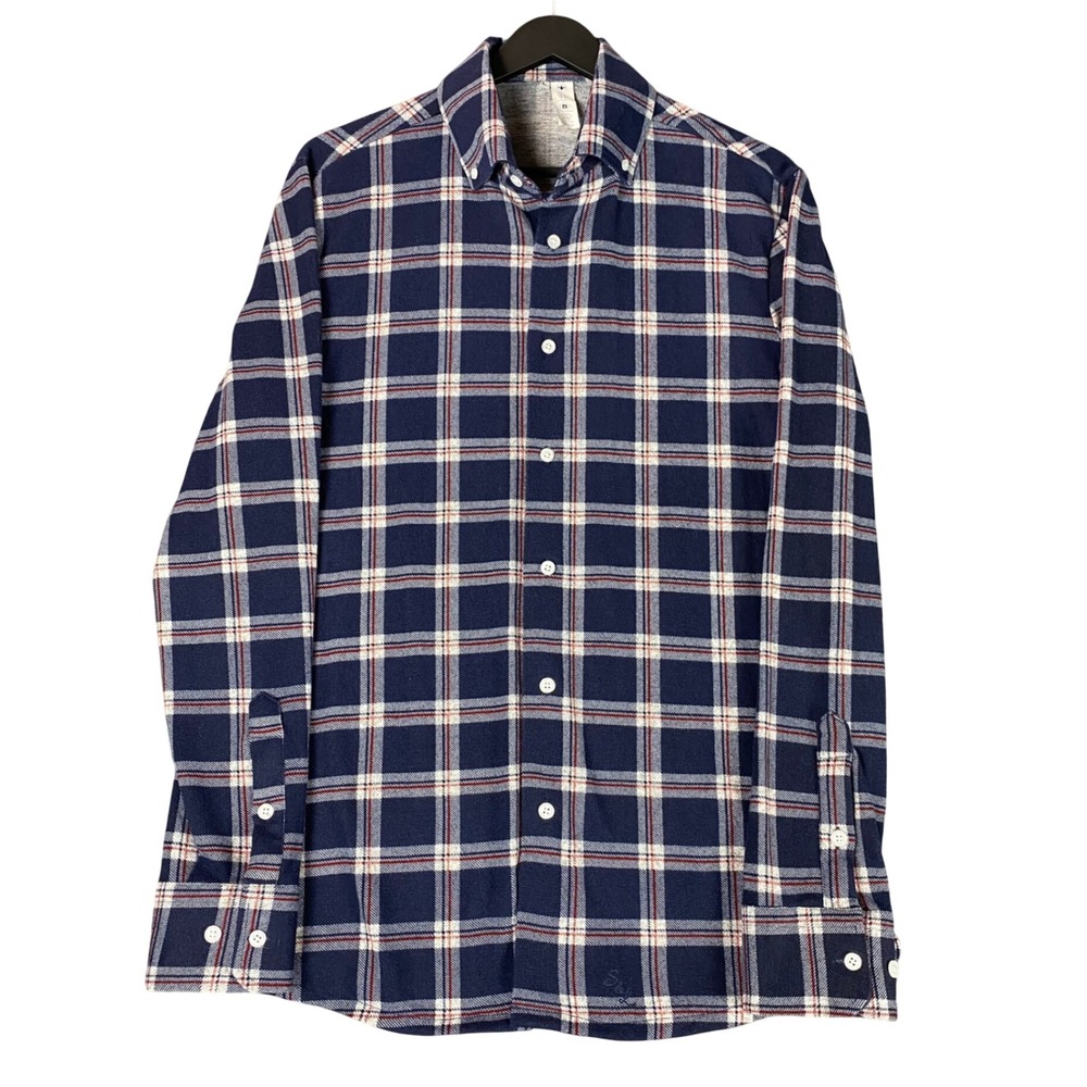State and Liberty Mens Athletic Fit Navy Plaid Performance Dress Shirt Large
